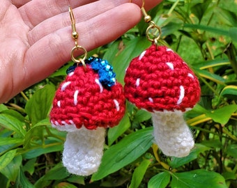 Handmade crochet mushroom earrings with blue caterpillar inspired by Alice in Wonderland, Nerdy gifts, CLIP ONS AVAILABLE, 2.5" long