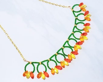 Handmade beaded statement necklace inspired by The Jungle Book, Fire colored crystal jewelry, 24" long, Nerdy gifts