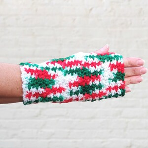 Handmade crochet red and green festive Christmas fingerless gloves, 8.75&quot; long