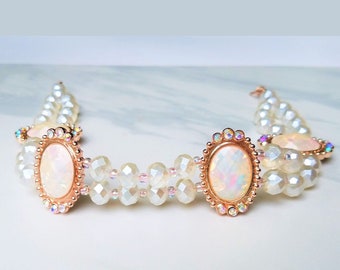 Handmade Iridescent pink and white beaded coquette princess choker, 14.75" long, ONE OF A KIND, Fairycore necklace