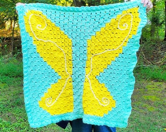 Handmade crochet fairy wings baby blanket inspired by Tinkerbell in Peter Pan, 30x30", Nerdy gifts for readers