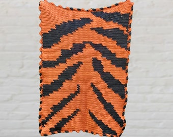 Handmade crochet lap quilt inspired by Shere Khan Jungle Book tiger print chunky knit blanket, 51" x 36" Ready to ship, Nerdy gifts