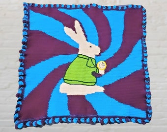 Handmade crochet White Rabbit lap blanket inspired by Alice in Wonderland, 45" x 44" Down the Rabbit Hole, Nerdy gifts