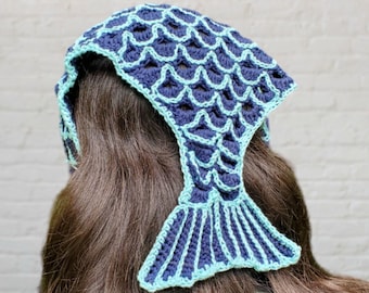 Mermaid tail bandana, Handmade crochet mermaidcore womens fantasy hair scarf accessory, Comic con costume, Nerdy gifts