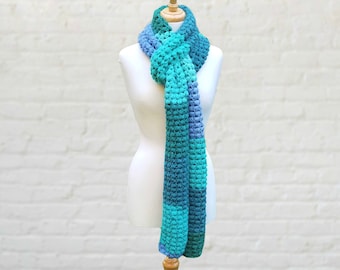 Handmade extra long blue color block crochet scarf