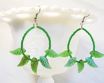 Handmade fern leaf beaded hoop earrings inspired by The Jungle Book, CLIP ONS AVAILABLE, Nerdy gifts, Comic con costume