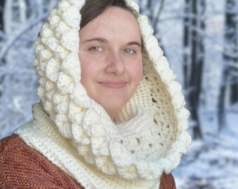 Crochet dragon scale hooded scarf, Ombre snood, 20" long, 30" around, Nerdy gifts for fantasy lovers