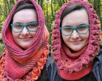 Crochet dragon scale hooded scarf, Ombre snood, 20" long, 30" around, Nerdy gifts for fantasy lovers