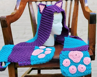 Handmade crochet Cheshire Cat ear hooded scarf with pockets, Alice in Wonderland cosplay, 72" long, 6" wide. Nerdy gifts