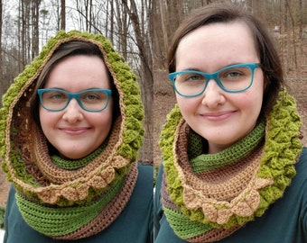 Crochet dragon scale hooded scarf, Ombre snood, 20" long, 30" around, Nerdy gifts for fantasy lovers