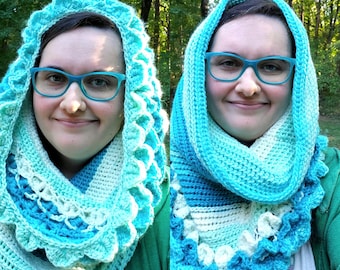 Crochet dragon scale hooded scarf, Ombre snood, 20" long, 30" around, Nerdy gifts for fantasy lovers