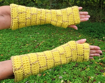 Handmade crochet yellow brick road long fingerless gloves, 13" long, Nerdy gifts
