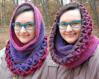 Crochet dragon scale hooded scarf, Ombre snood, 20" long, 30" around, Nerdy gifts for fantasy lovers