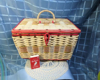 Vintage Woven Sewing Basket with Accessories