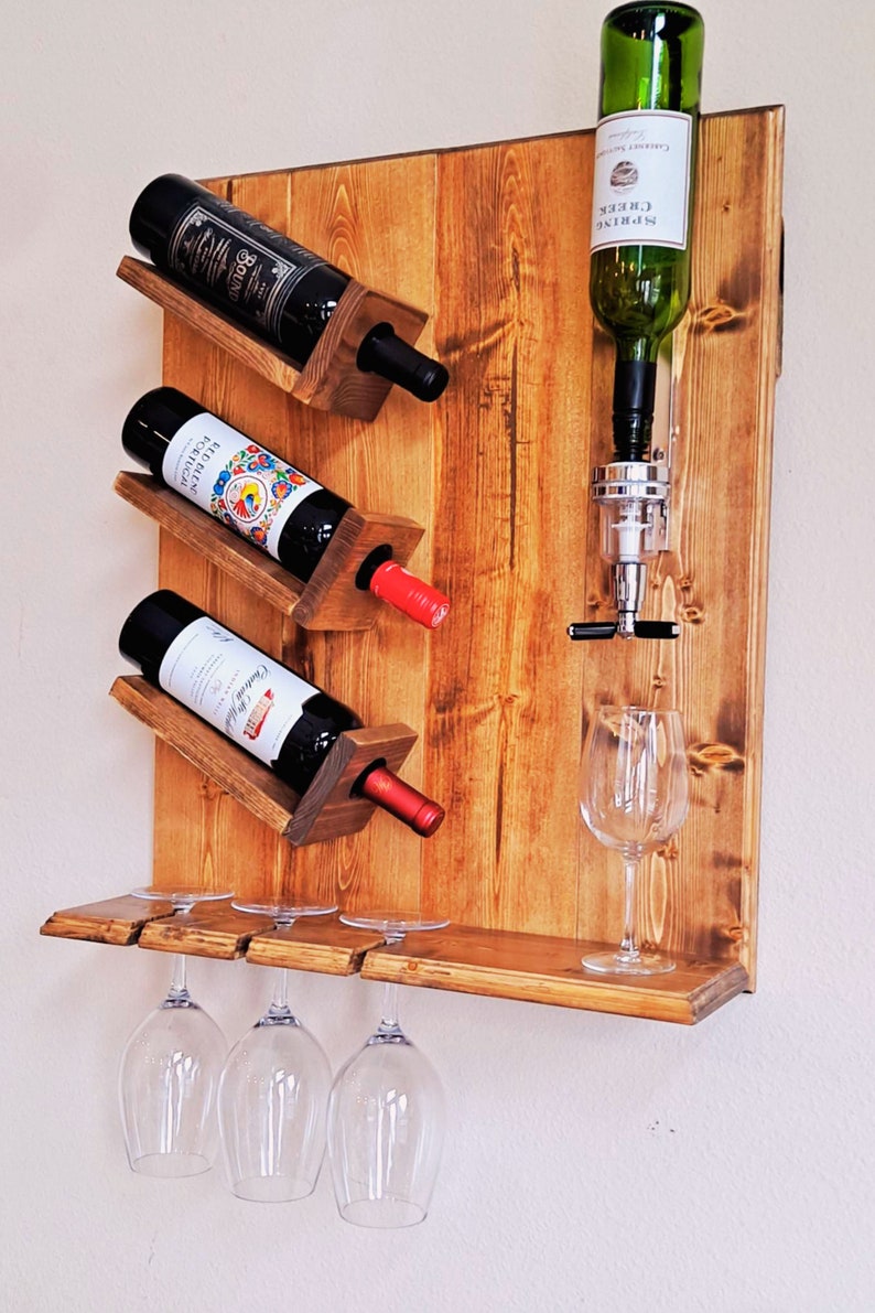 Wallmounted Wine Rack & Dispenser Holds 4 Wine Bottles 3 Wine Glasses