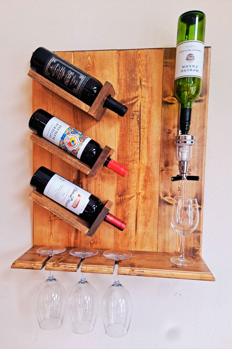 Wallmounted Wine Rack & Dispenser Holds 4 Wine Bottles 3 Wine Glasses
