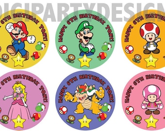 Etiqueta engomada personalizada del cumpleaños de Super mario - descarga digital