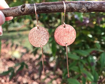 Copper disc earrings, Copper drop earrings