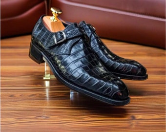 Handmade Black Alligator Texture Leather Crocodile Men Leather Single Monk Strap Dress Shoes, Gift for him, Men Shoes