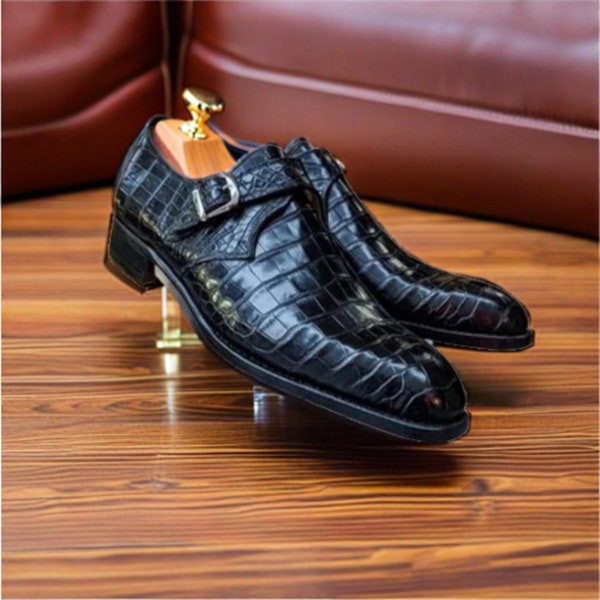 Handmade Black Alligator Texture Leather Crocodile Men Leather Single Monk Strap Dress Shoes, Gift for him, Men Shoes