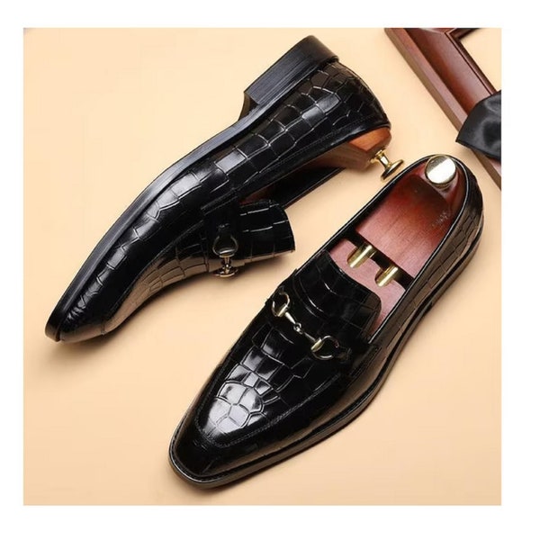 Handmade Men's Black Alligator Texture Leather Moccasin Shoes, Slip on Shoes, Gift for him