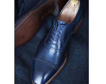 Handmade Men's Blue Leather Formal Dress Shoes With Lace up Closure, Gift for him