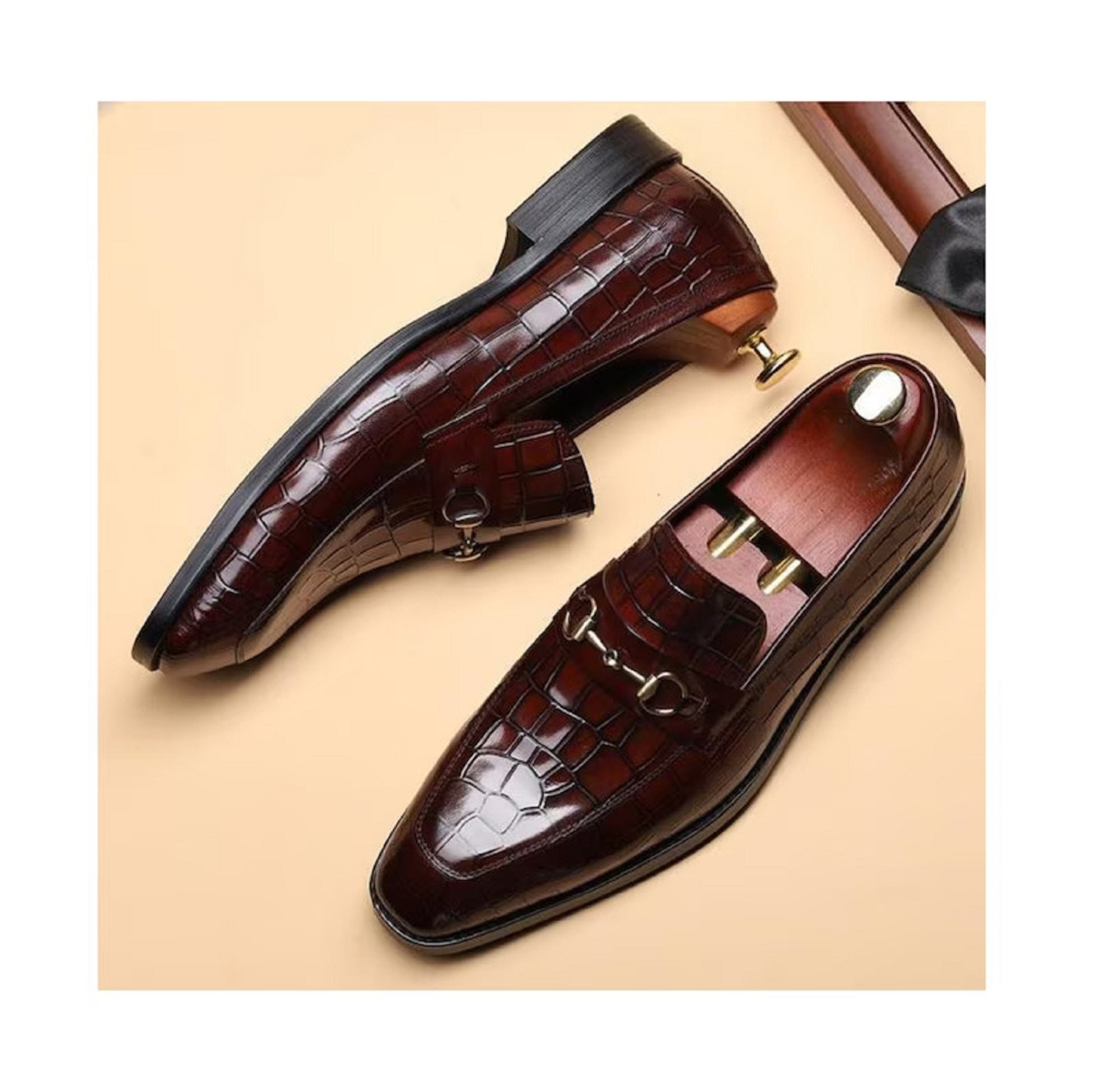 Handmade Men's Brown Alligator Texture Leather Moccasin Shoes, Slip on ...