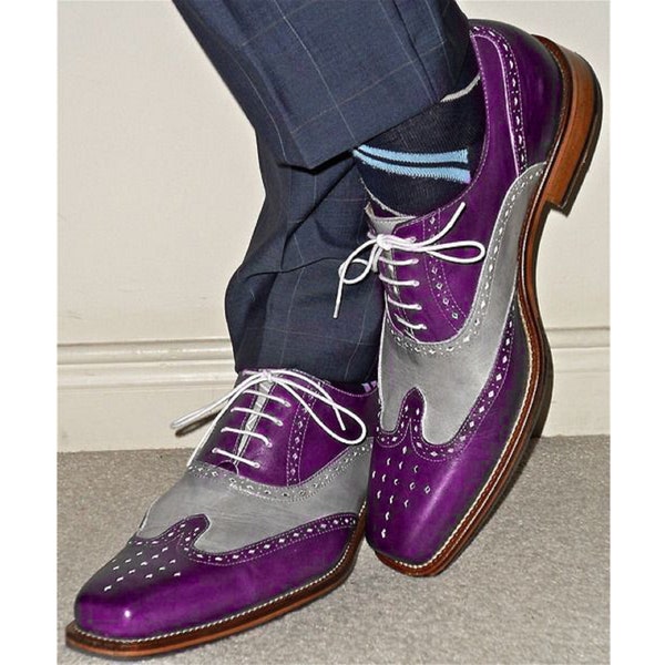 New Handmade Men's Fashion Wingtip Dress Two Tone Purple & Gray Brogue Oxford Shoes