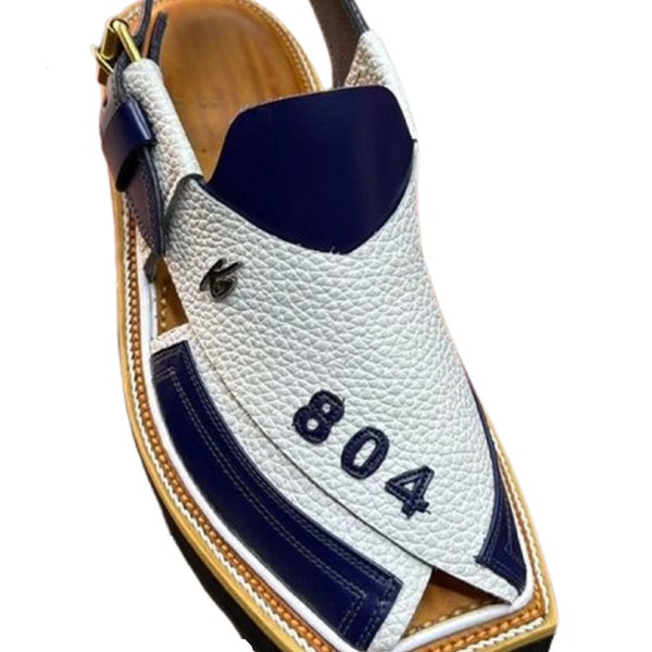 Men Pure Leather Handmade Kapton Chappal Special 804 Kapton Chappal, Imran Khan Qaida 804 Chappal, Traditional Peshawari Leather White Blue