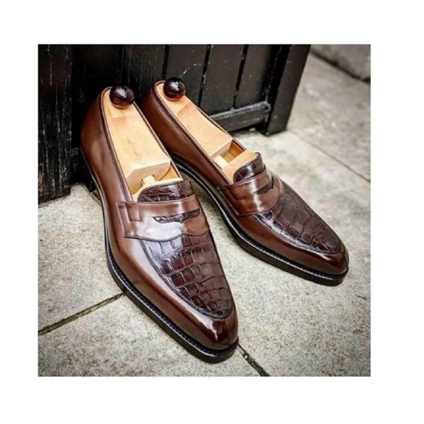 Handmade Men's Brown Slip On Crocodile Texture Leather Dress Shoes moccasins men style
