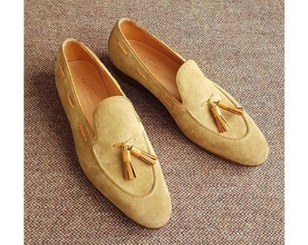 Handmade Mens Beige Suede Leather Tassel Loafers Dress Shoes