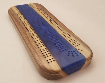 Cribbage Board, Live Edge, 3 Player, Walnut Wood with Blue Epoxy Resin