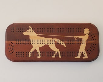 Cribbage Board, Boy Walking His Dog, 3 Player, Various Hardwoods, With Pegs and Storage