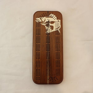 Cribbage Board, Walleye Inlay, 3 Player, Mixed Hardwood, With Pegs and Storage, Fish Shaped Design
