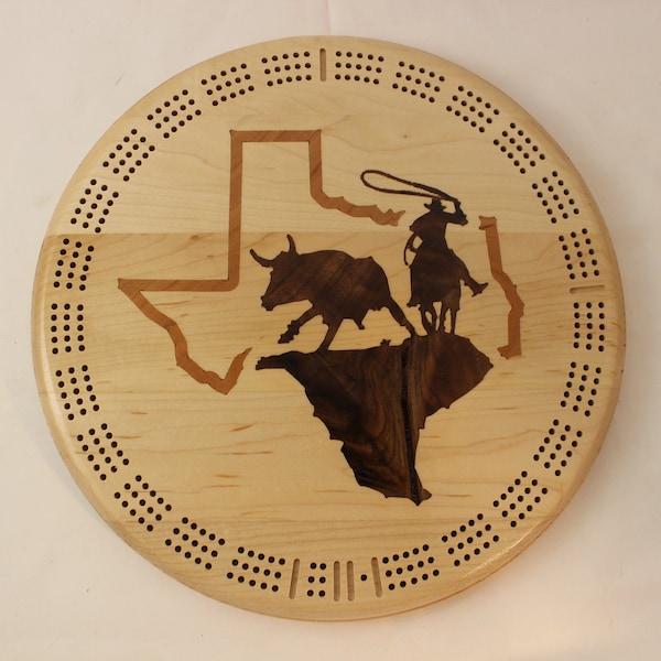 Texas Bull Roping Cribbage Board - Unique Board With a Walnut and Cherry Wood Inlays - Includes Pegs and Peg Storage Compartment