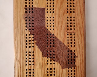 Cribbage Board, California Inlay, 3 Player, Red Oak with Walnut Inlay, With Pegs and Storage