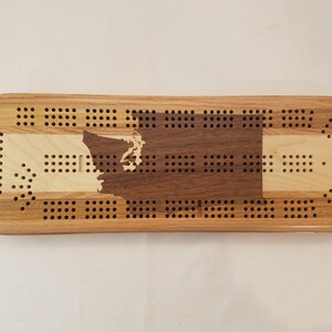 Cribbage Board, incrustation Washington, 3 joueurs, bois durs mixtes avec incrustation de noyer, avec chevilles et rangement