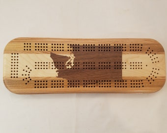 Cribbage Board, Washington Inlay, 3 Player, Mixed Hardwoods with Walnut Inlay, With Pegs and Storage