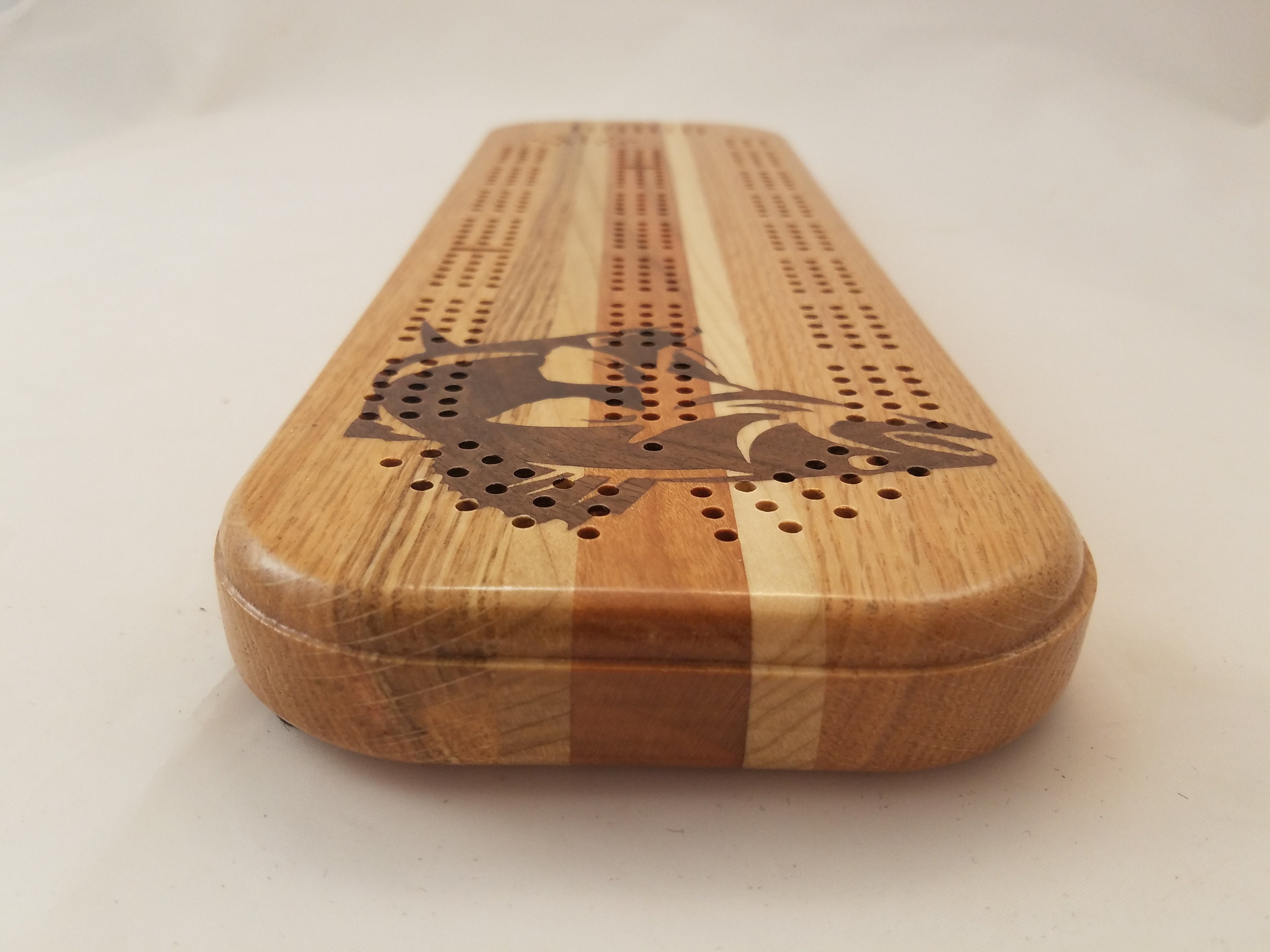 Cribbage Board, Walleye Inlay, 3 Player, Mixed Hardwood, With Pegs and ...