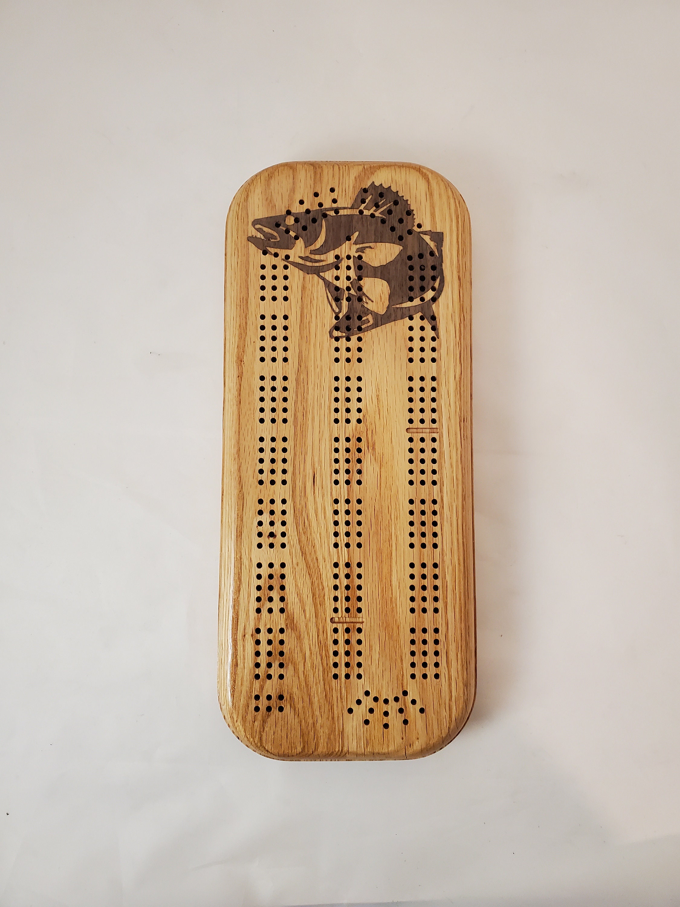 Cribbage Board, Walleye Inlay, 3 Player, Thick Oak With Walnut Inlay ...