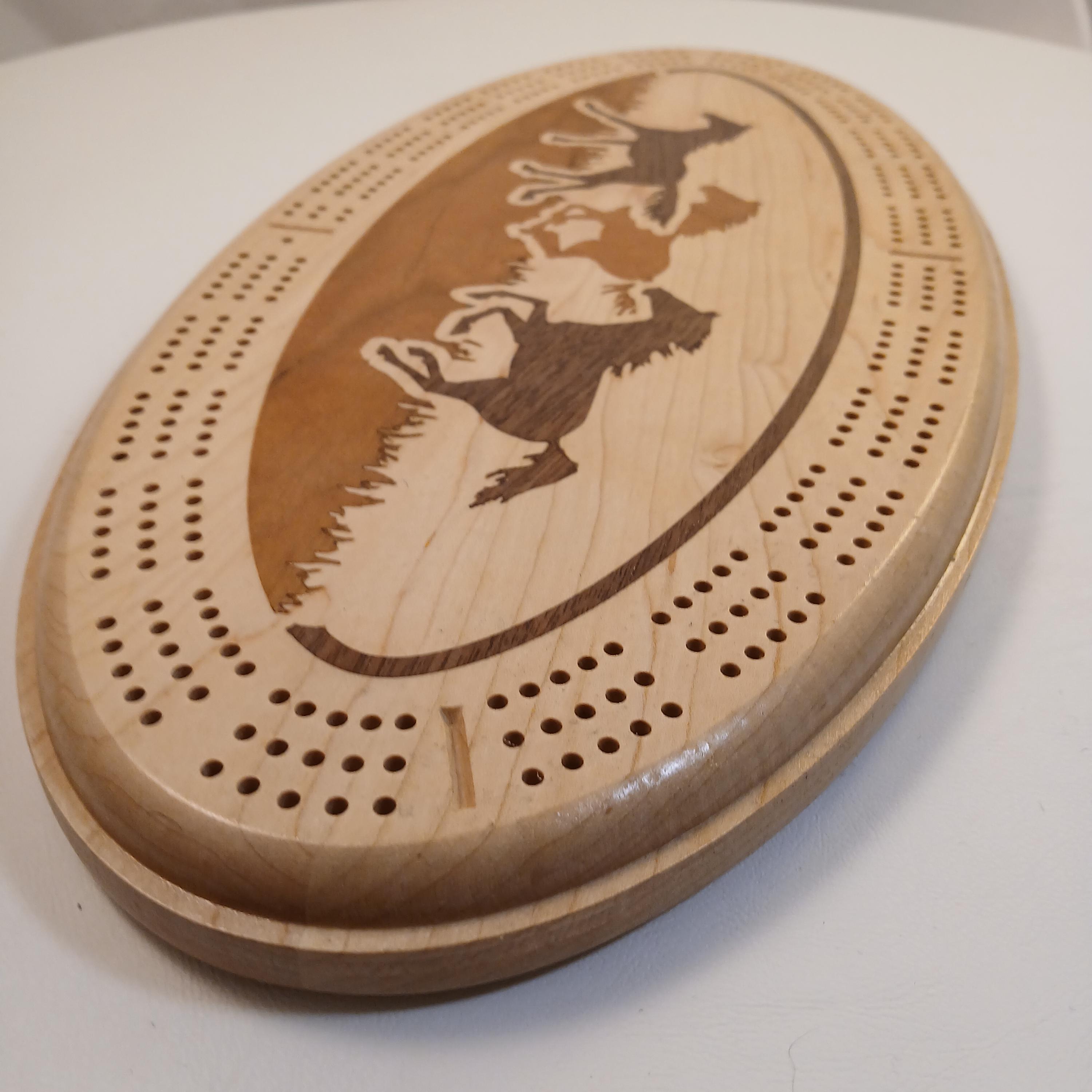 Cribbage Board, Running Horses Inlay, Maple With Walnut Inlay, With ...