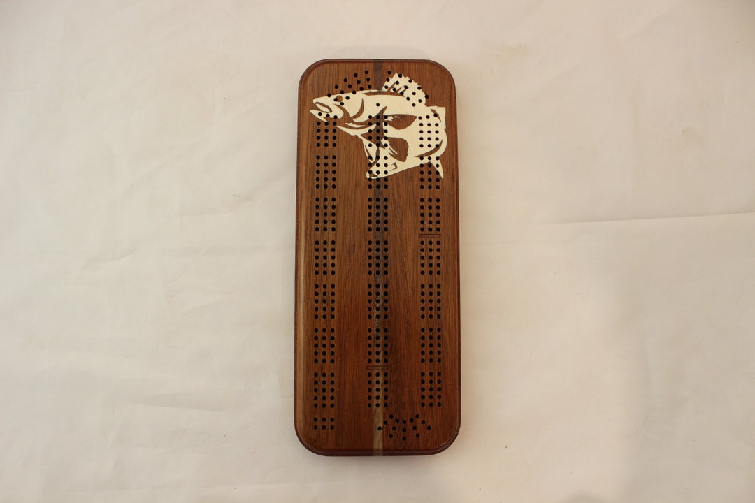 Cribbage Board, Walleye Inlay, 3 Player, Mixed Hardwood, With Pegs and ...