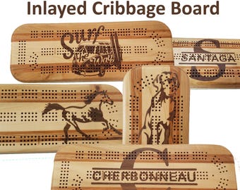 Customized Cribbage Board, 3 Player Track-With Custom Inlay Design-With Pegs and Storage