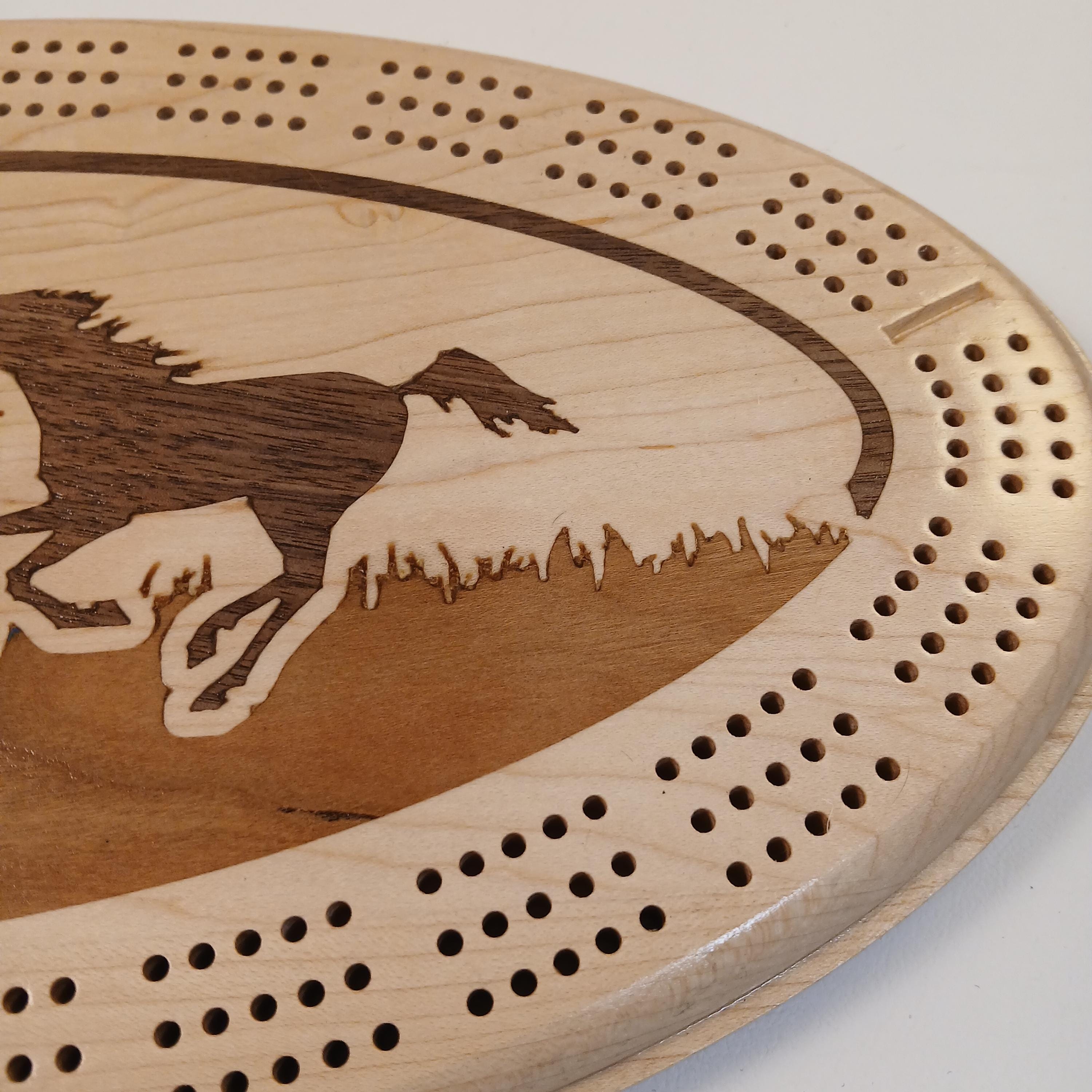 Cribbage Board, Running Horses Inlay, Maple With Walnut Inlay, With ...