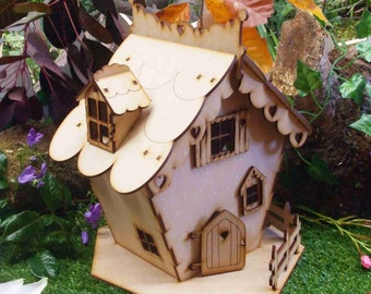 Alpine Cottage Wooden Fairy House Kit with Opening Fairy Door, Dormer Window and Fenced Base Stand - Self-Assembly Fairy House Craft Kit