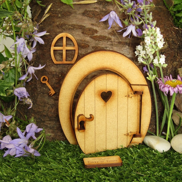 Opening Oval Wooden Fairy Door Craft Kit.  Three-dimensional Fully Opening Fairy Door with Fairy Window & Magical Key