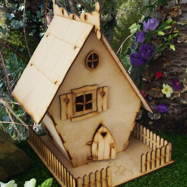 Crooked Wooden Fairy House with Opening Fairy Door and Base Stand - Self-Assembly Fairy House Craft Kit