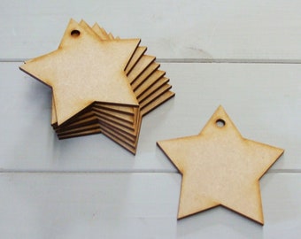 Wooden Star Craft Shapes - Pack of Ten 150mm (5.9 inch) Wooden Star Blank Craft Shapes With Hanging Hole