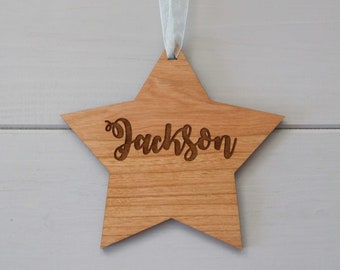 Personalised Wooden Baby Name Sign Engraved Star Newborn Name Announcement Nursery Decor Gift Plaque in Cherry Wood with Choice of Ribbon