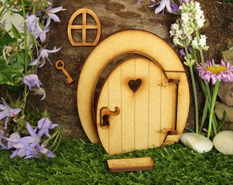 Opening Oval Wooden Fairy Door Craft Kit.  Three-dimensional Fully Opening Fairy Door with Fairy Window & Magical Key